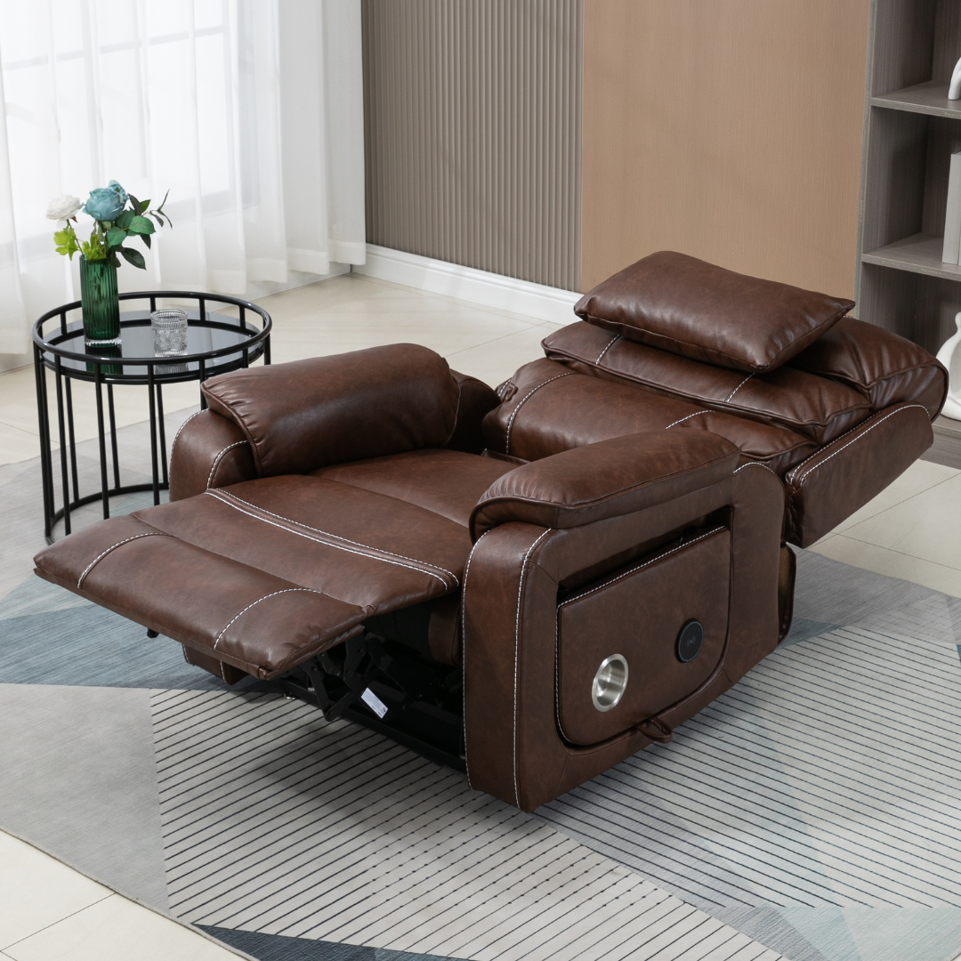 Knight Lay Flat Lift Chair, Oversized, Back Up Battery, Wireless Charging Side Table, Faux Leather Brown