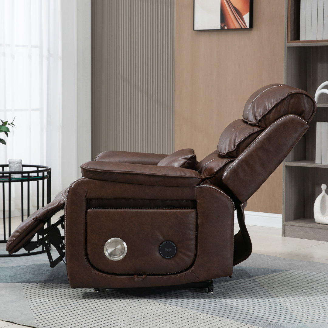 Knight Lay Flat Lift Chair, Oversized, Back Up Battery, Wireless Charging Side Table, Faux Leather Brown