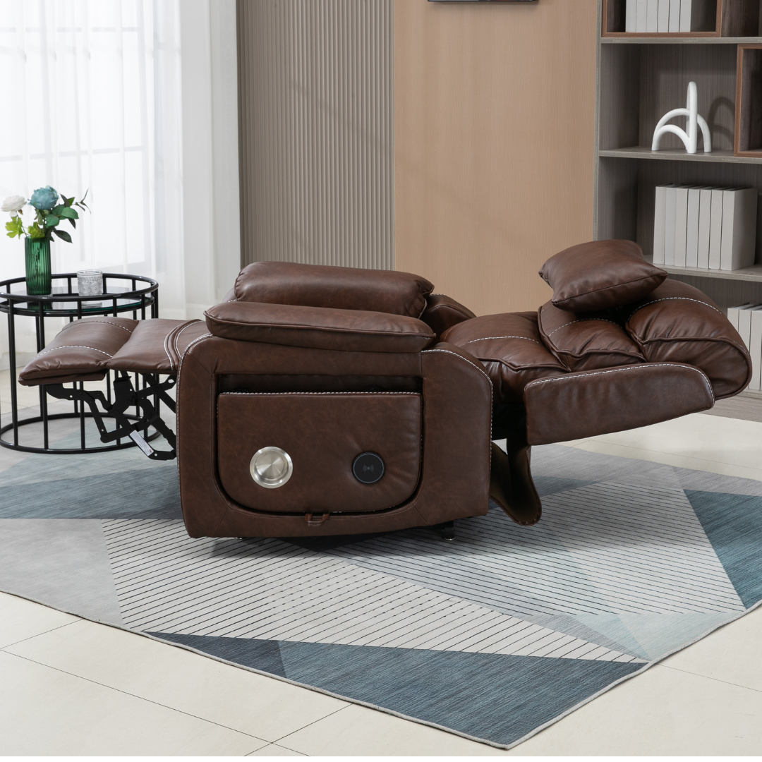 Knight Lay Flat Lift Chair, Oversized, Wireless Charging Side Table, Faux Leather Brown