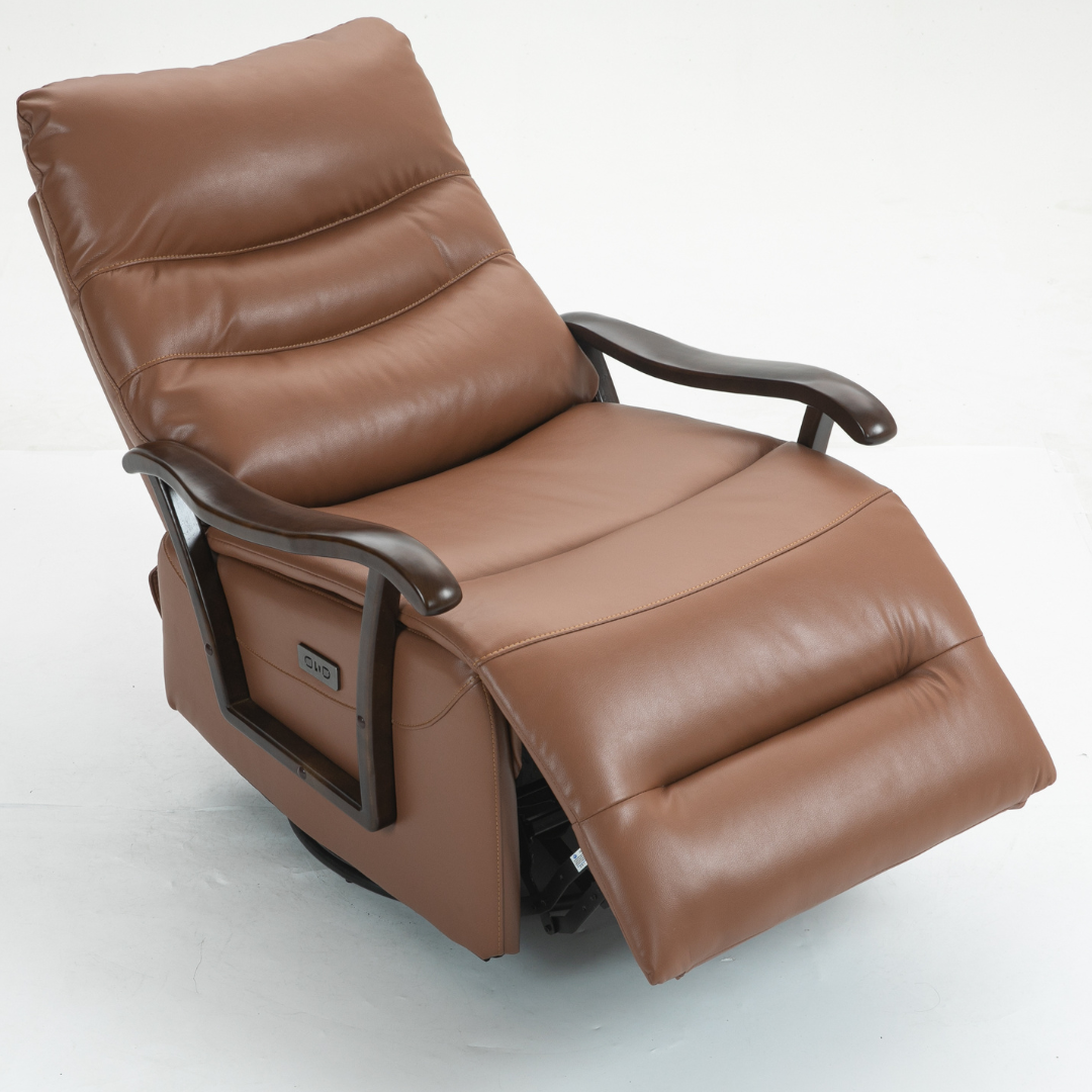 SpinEase Swivel Recliner Chair, 350lbs Capacity, Power Glider Chair with Solid Wood Armrests, Faux Leather- Orange.