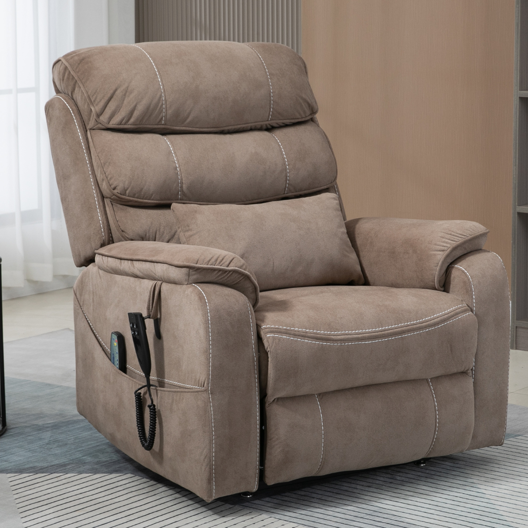 Knight Lay Flat Lift Chair, Extra Wide, Back Up Battery, Wireless Charging Side Table, Beige Brown