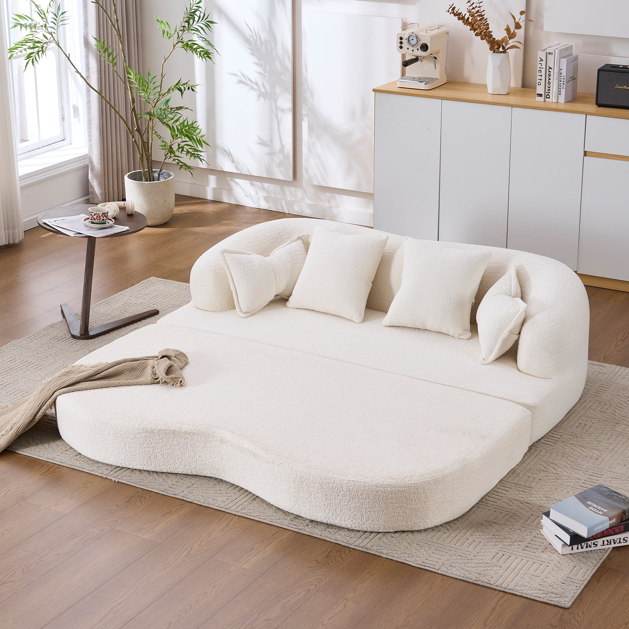 70" Foldable Sofa Bed with 4 Pillows – Milk White.