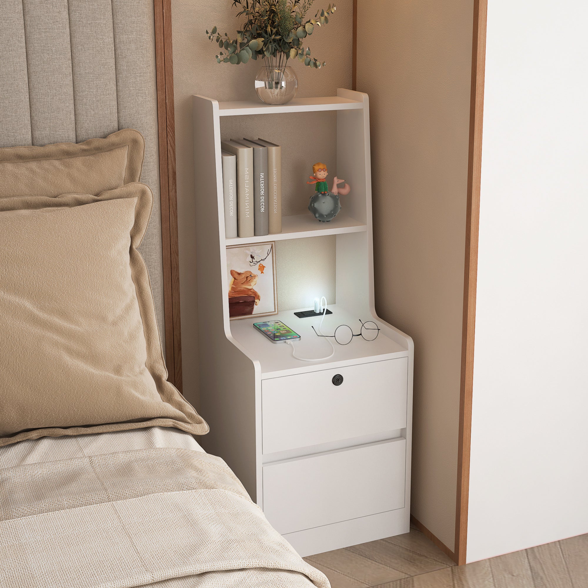 Modern Nightstand with Charging Station, Night Light & Storage Cabinet – White