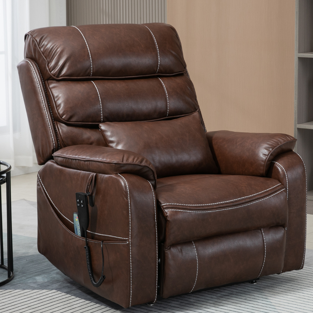 Knight Lay Flat Lift Chair, Oversized, Back Up Battery, Wireless Charging Side Table, Faux Leather Brown