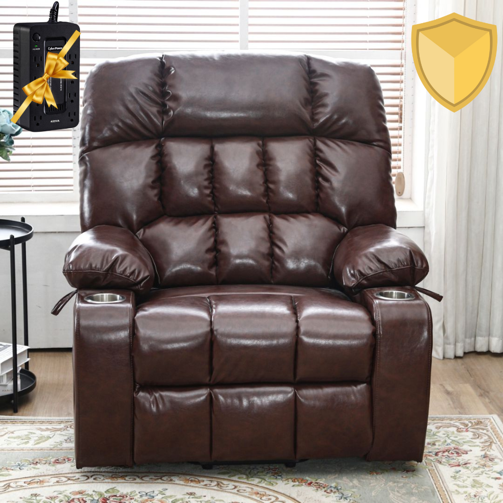 BulkyRiser Lift Chair, 25 Inch Extra Wide Seat, Back Up Battery, Faux Leather Brown