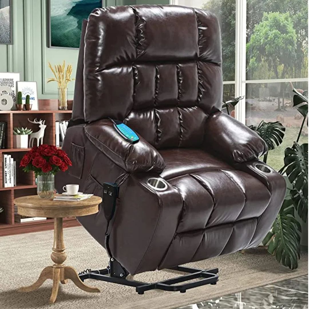 BulkyRiser Lift Chair, 25 Inch Extra Wide Seat, Back Up Battery, Faux Leather Brown