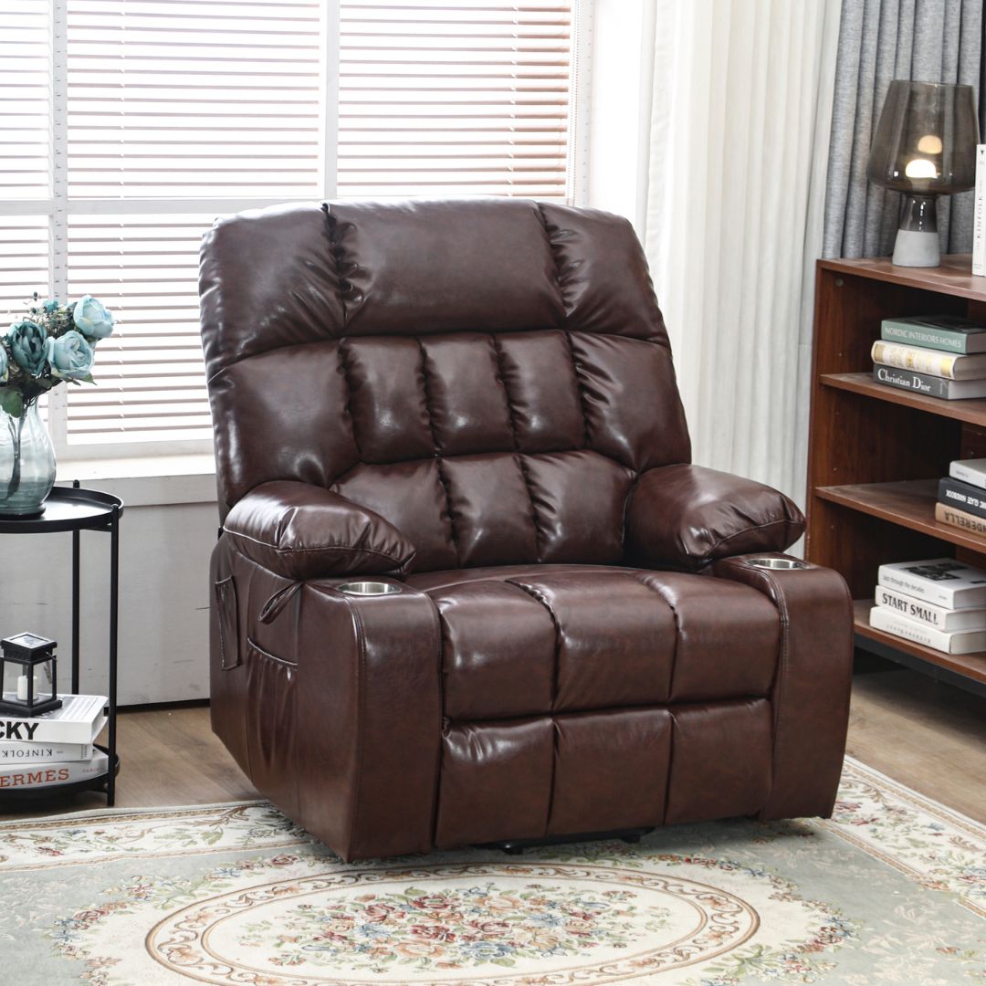 BulkyRiser Lift Chair, 25 Inch Extra Wide Seat, Back Up Battery, Faux Leather Brown