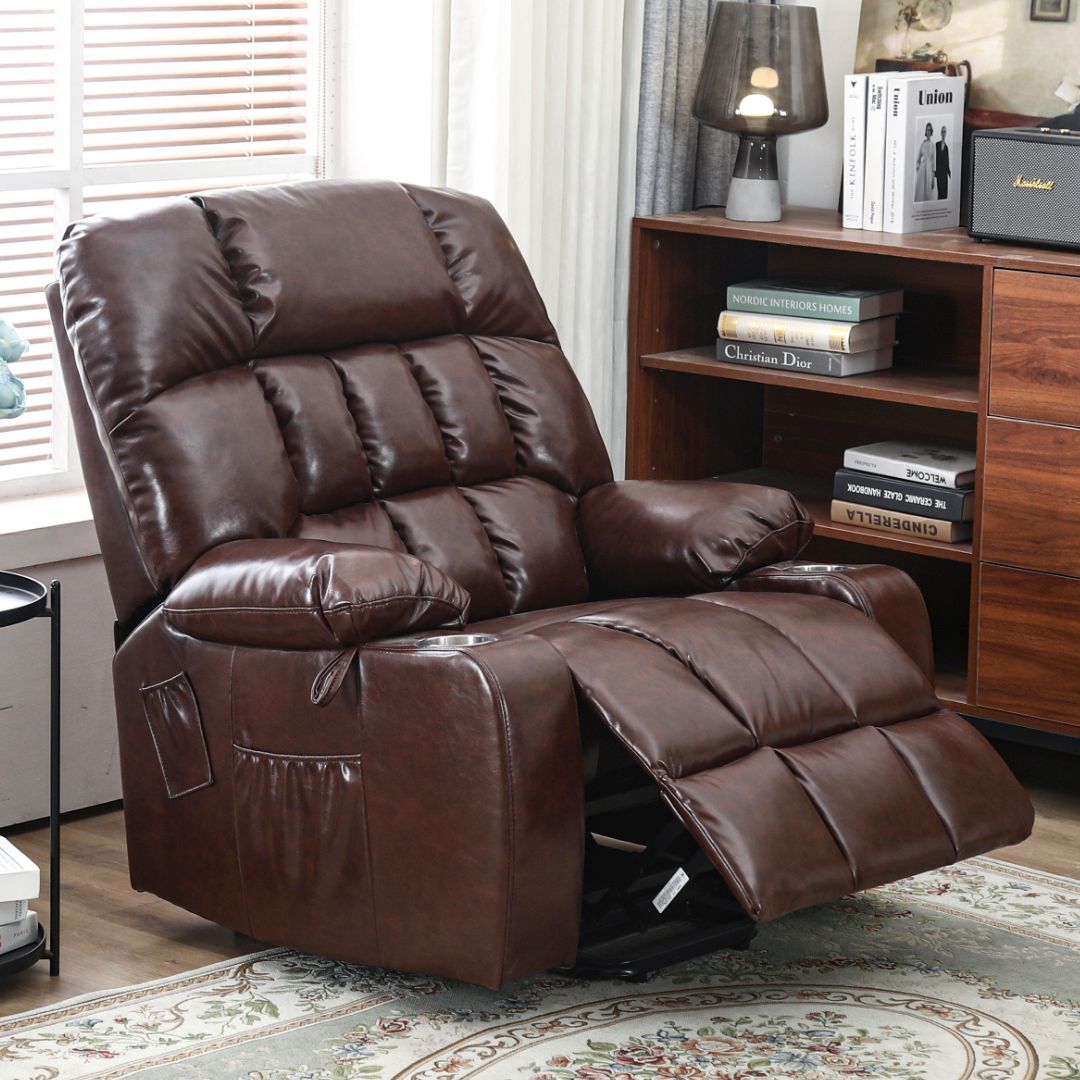 BulkyRiser Lift Chair, 25 Inch Extra Wide Seat, Back Up Battery, Faux Leather Brown
