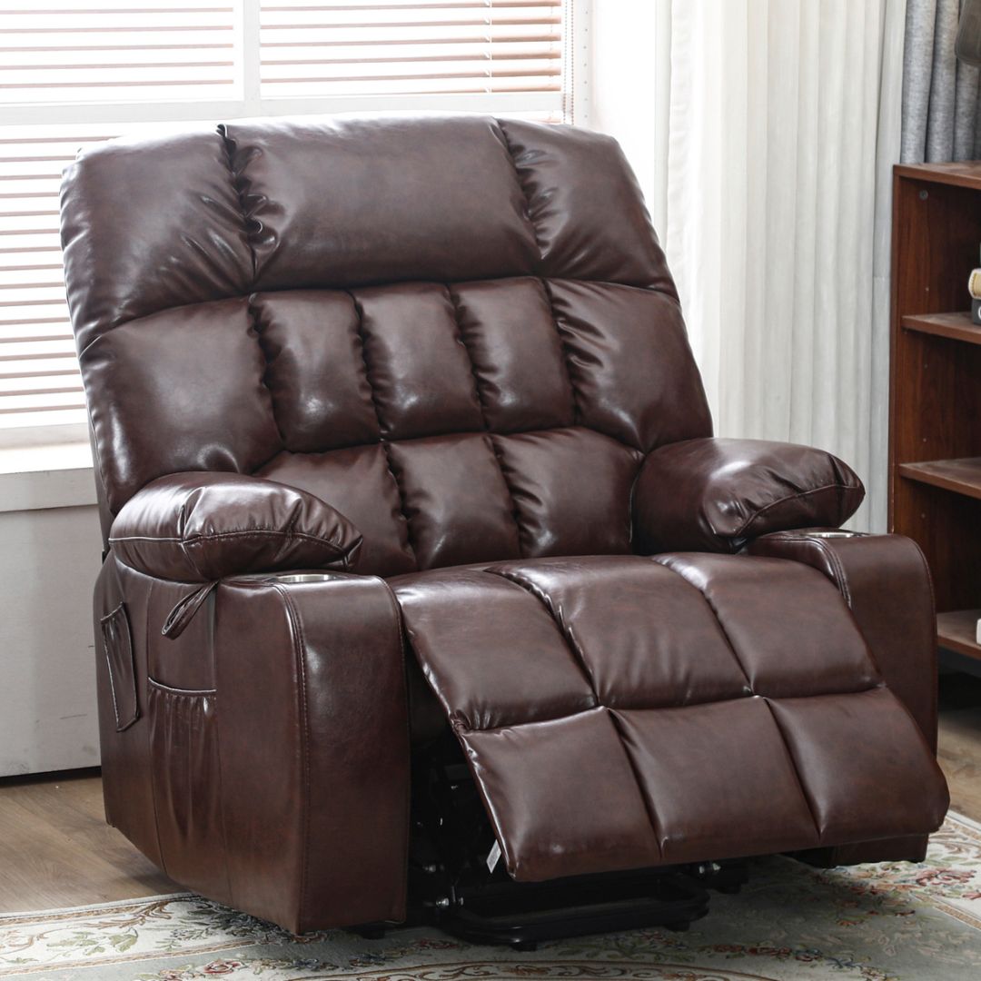 BulkyRiser Lift Chair, 25 Inch Extra Wide Seat, Back Up Battery, Faux Leather Brown
