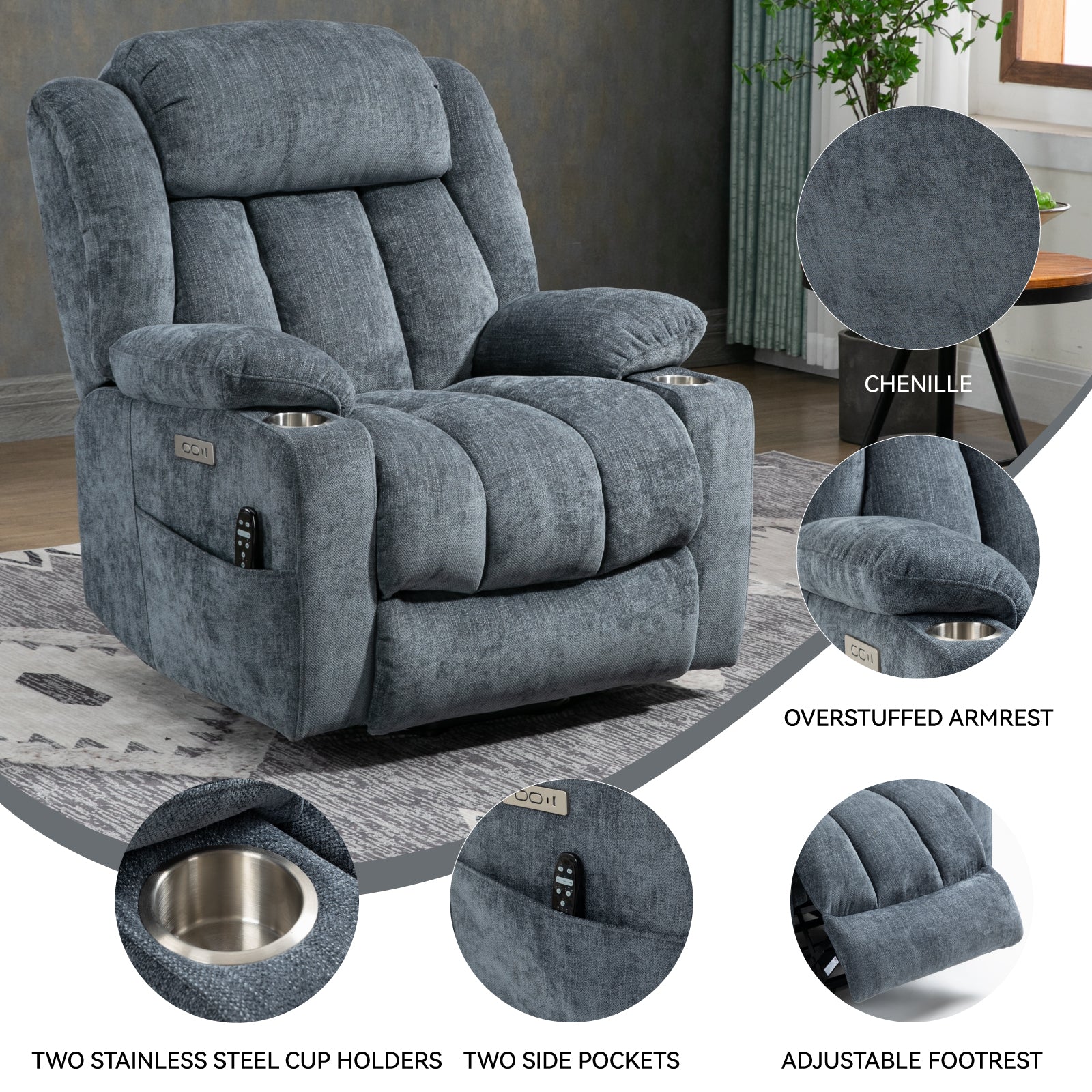 CloudPulse Electric Recliner – Chenille Power Recliner with 8-Point Massage, Lumbar Heat & USB Charging