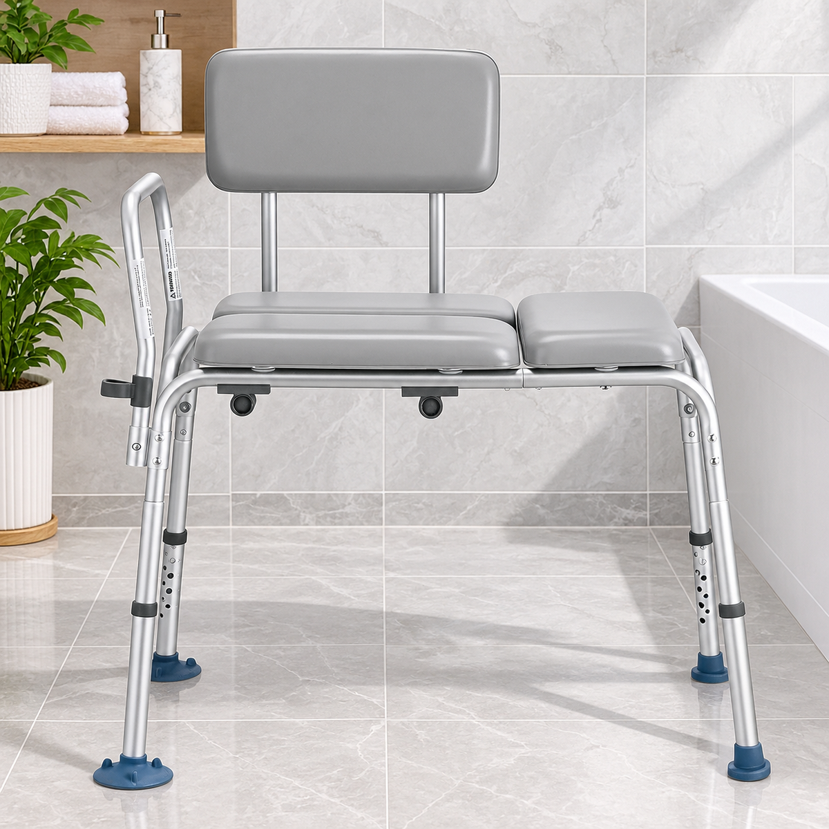 TubAssist Heavy-Duty Transfer Bench with Backrest & Armrest, Adjustable Height, 500 lb Capacity.