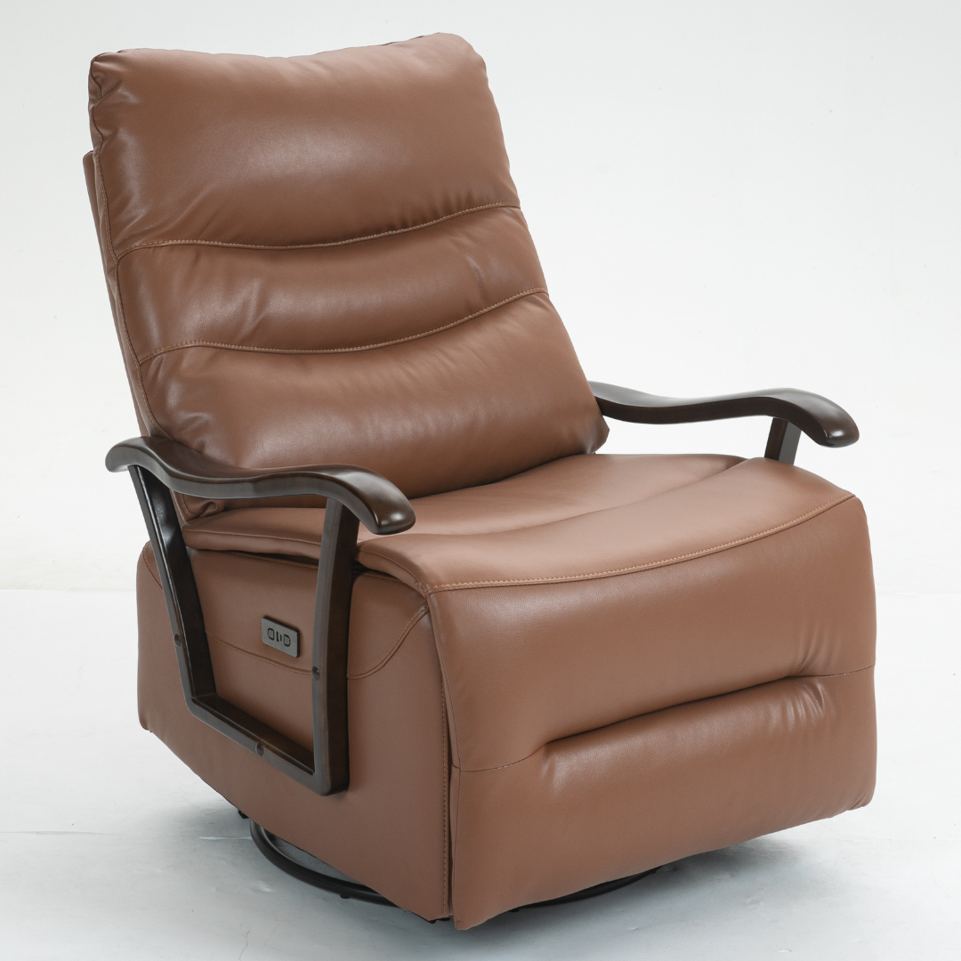 SpinEase Swivel Recliner Chair, 350lbs Capacity, Power Glider Chair with Solid Wood Armrests, Faux Leather- Orange.