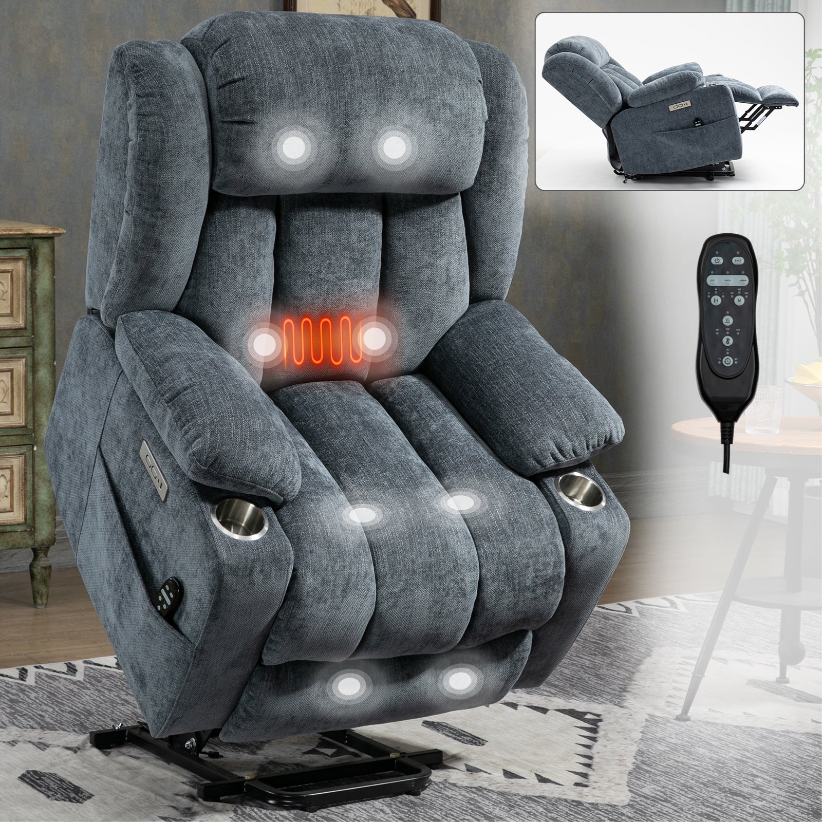 CloudPulse Electric Recliner – Chenille Power Recliner with 8-Point Massage, Lumbar Heat & USB Charging