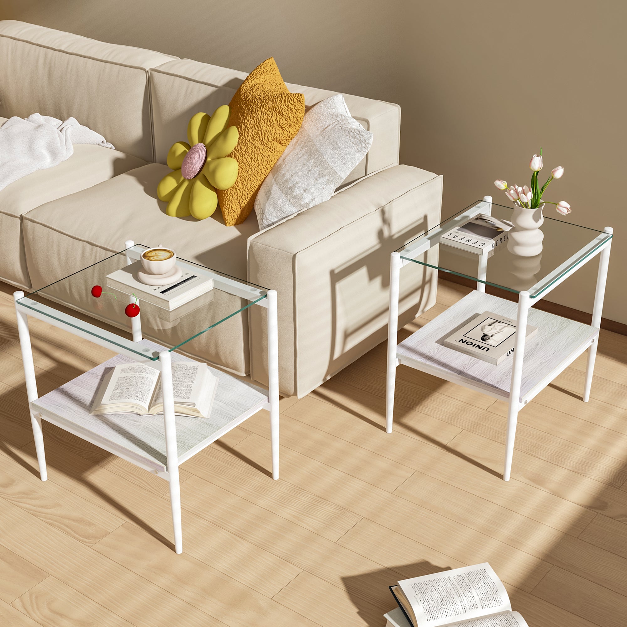 Set of 2 Rectangle End Table, Tempered Glass.