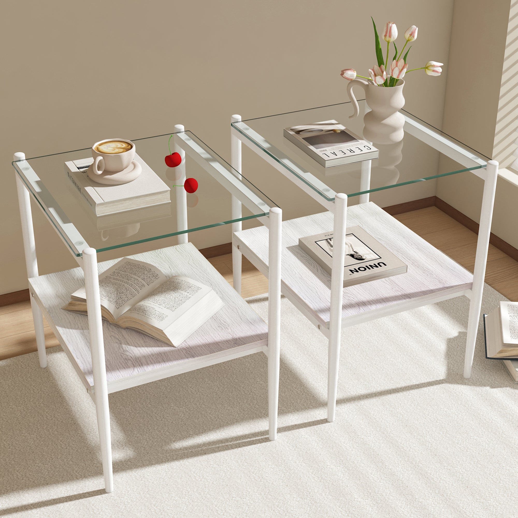 Set of 2 Rectangle End Table, Tempered Glass.