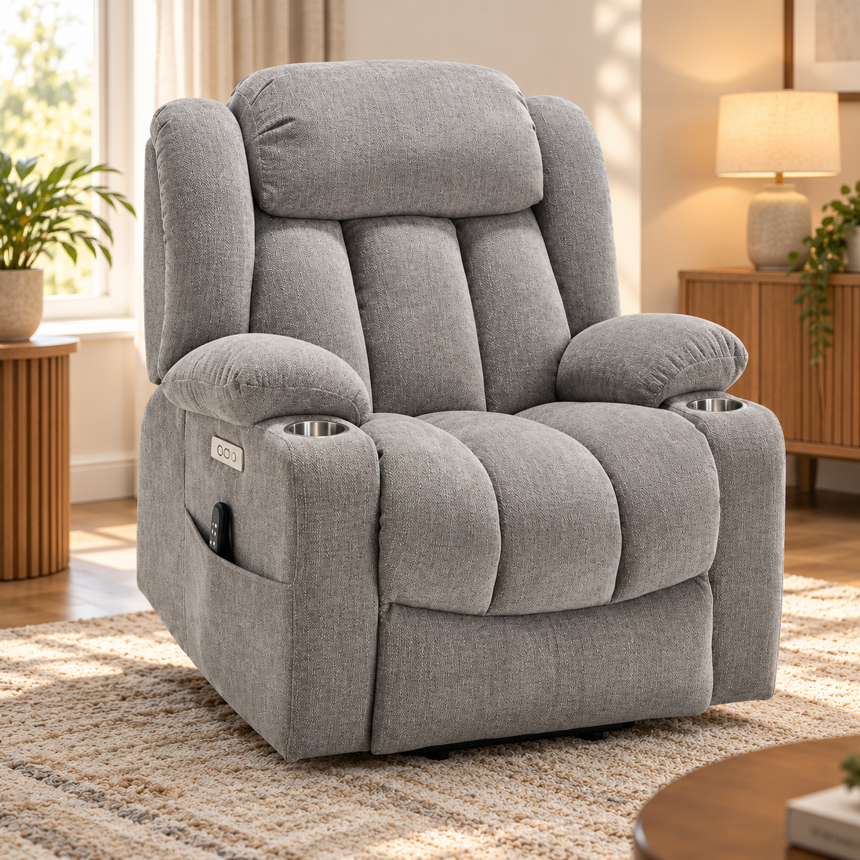 CloudPulse Electric Recliner – Chenille Power Recliner with 8-Point Massage, Lumbar Heat & USB Charging