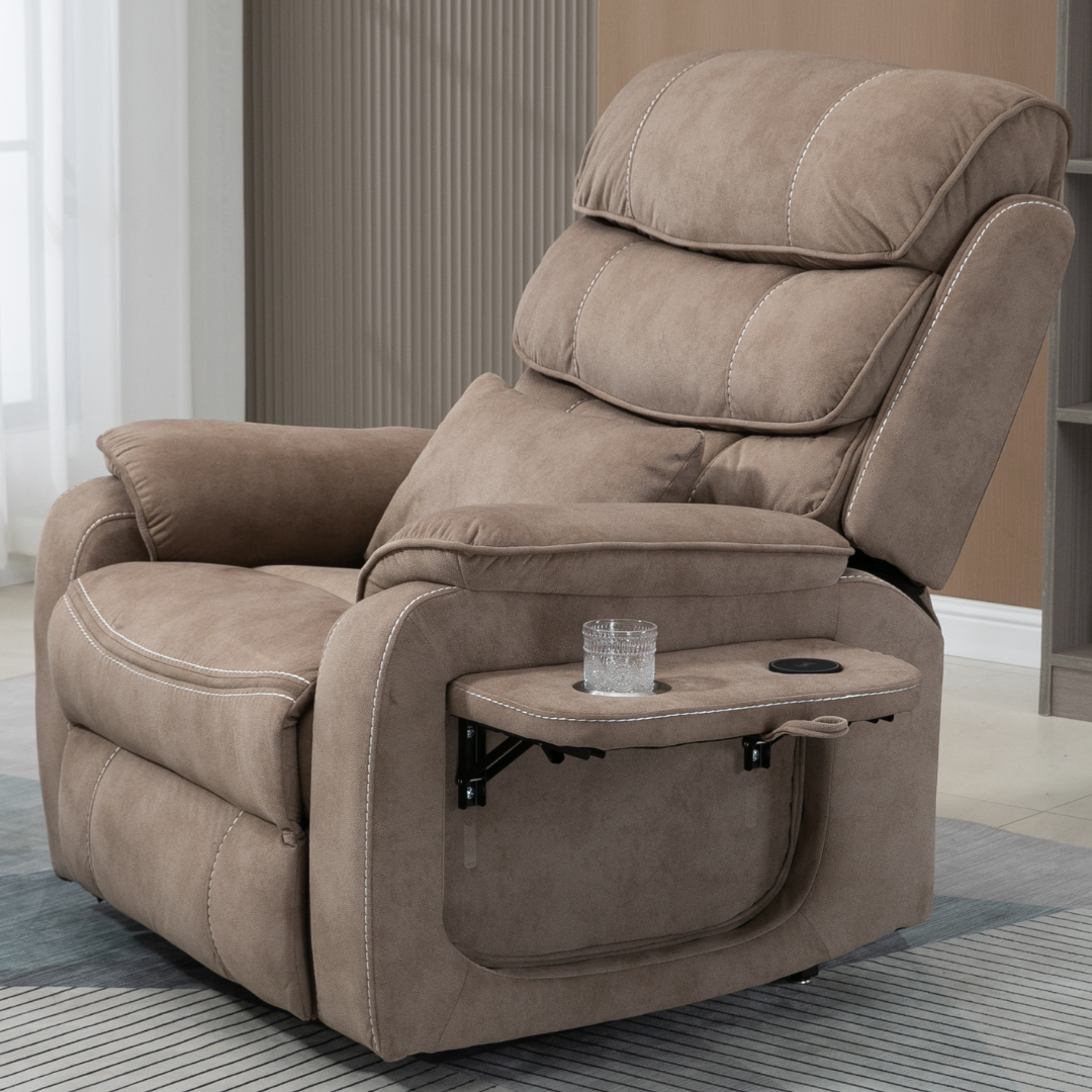 Knight Lay Flat Lift Chair, Extra Wide, Back Up Battery, Wireless Charging Side Table, Beige Brown