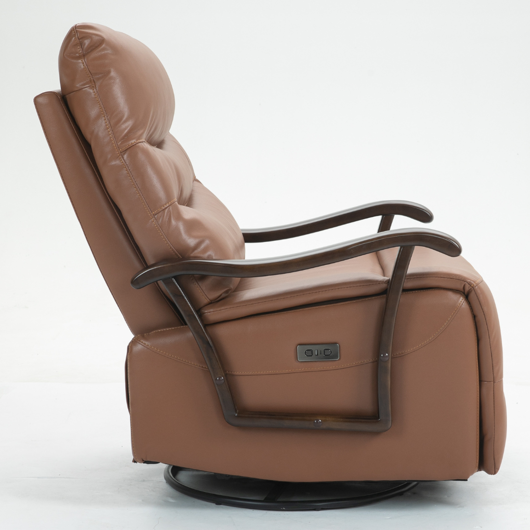 SpinEase Swivel Recliner Chair, 350lbs Capacity, Power Glider Chair with Solid Wood Armrests, Faux Leather- Orange.