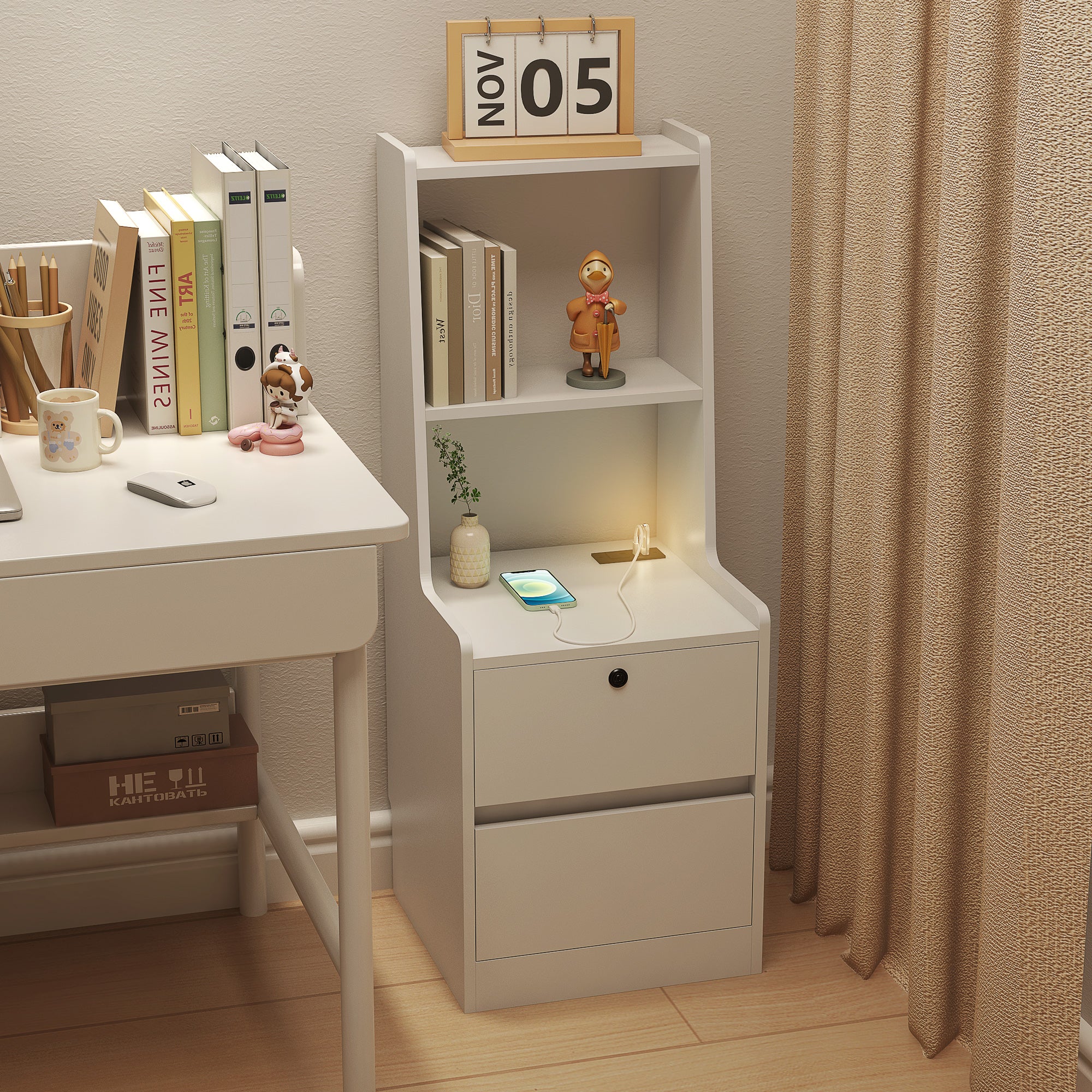 Modern Nightstand with Charging Station, Night Light & Storage Cabinet – White