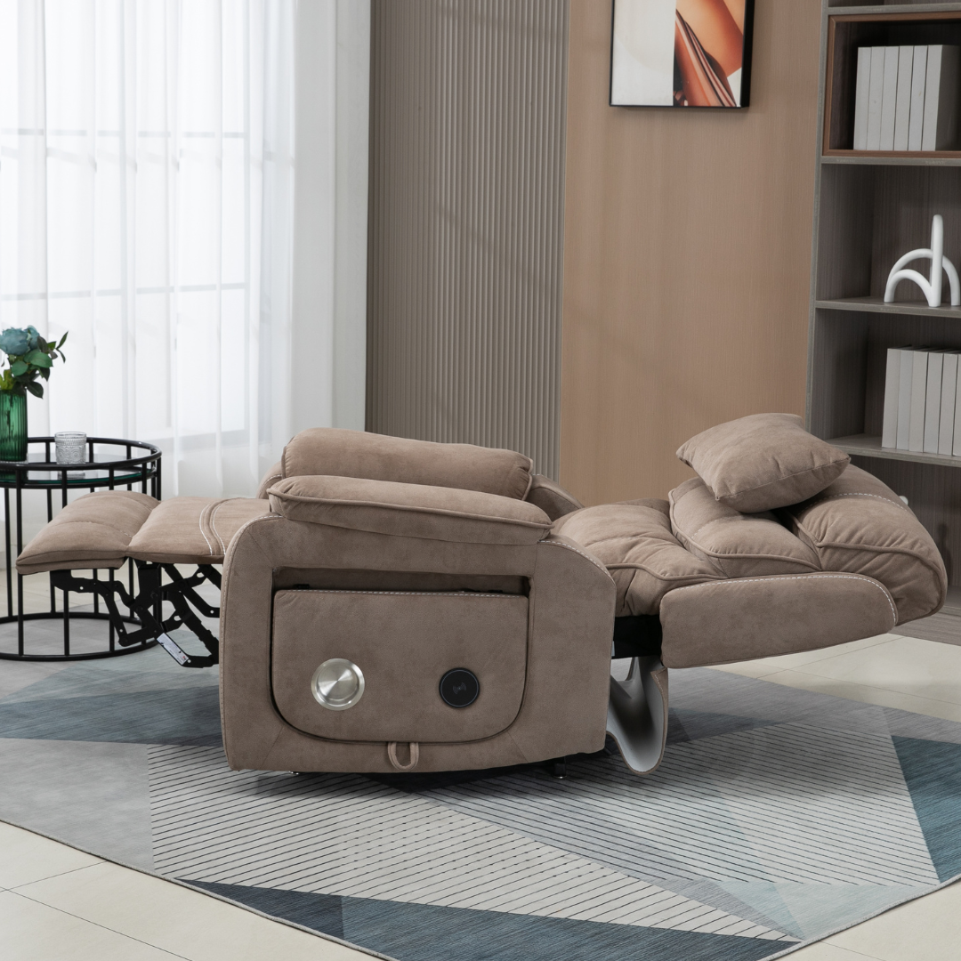 Knight Lay Flat Lift Chair, Extra Wide, Back Up Battery, Wireless Charging Side Table, Beige Brown