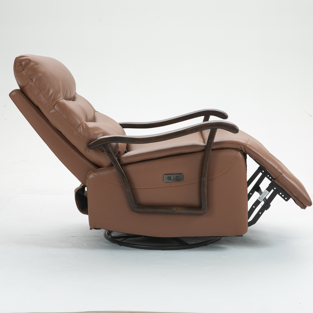 SpinEase Swivel Recliner Chair, 350lbs Capacity, Power Glider Chair with Solid Wood Armrests, Faux Leather- Orange.