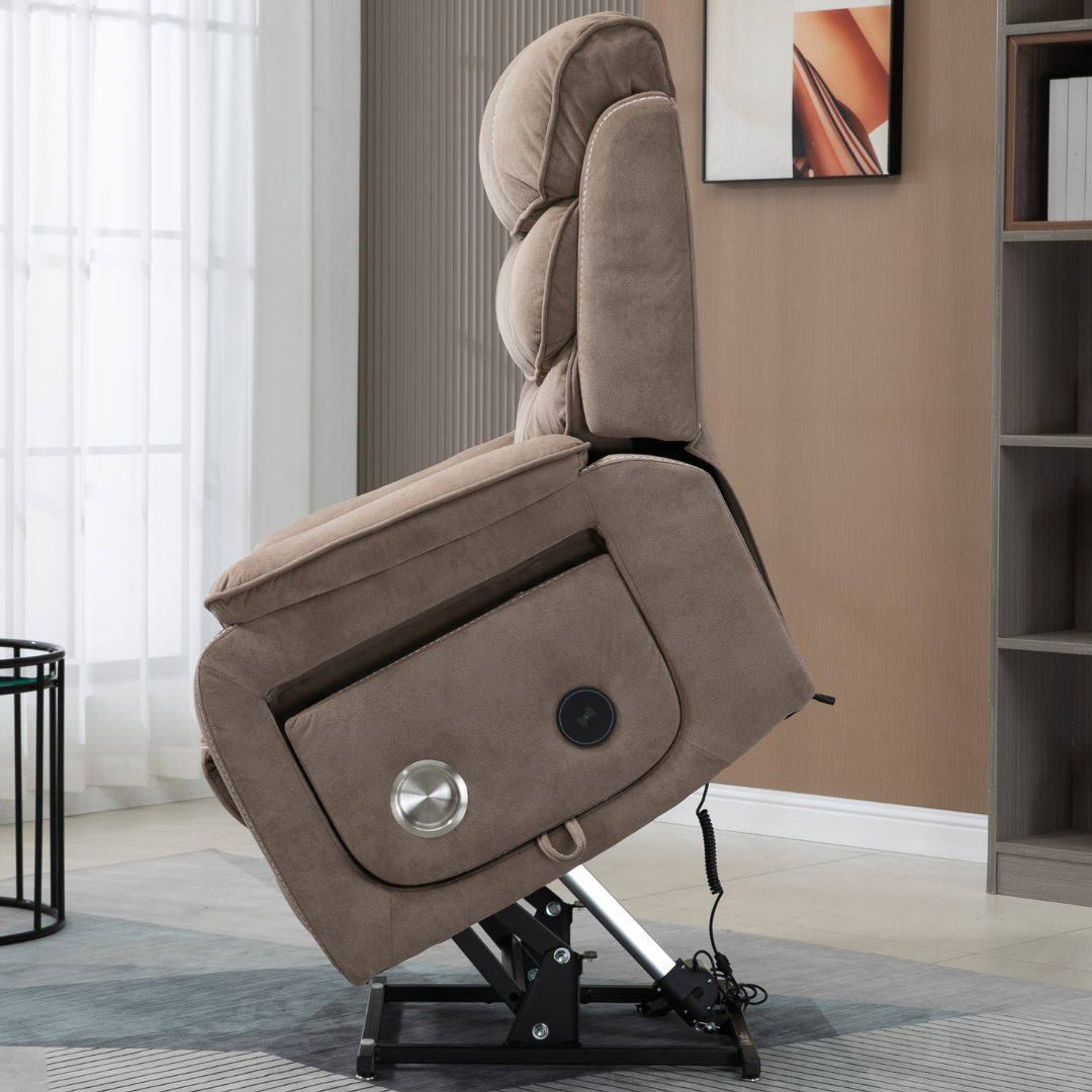 Knight Lay Flat Lift Chair, Extra Wide, Back Up Battery, Wireless Charging Side Table, Beige Brown