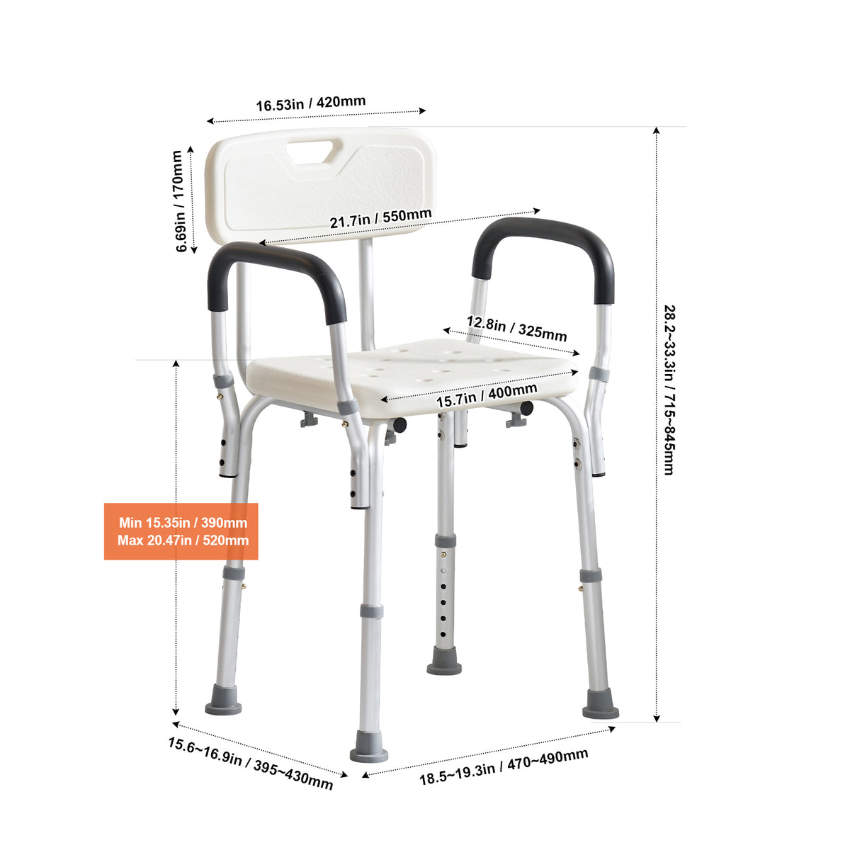 AquaSupport Adjustable Shower Chair with Backrest & Padded Armrests, 350 lb Capacity.