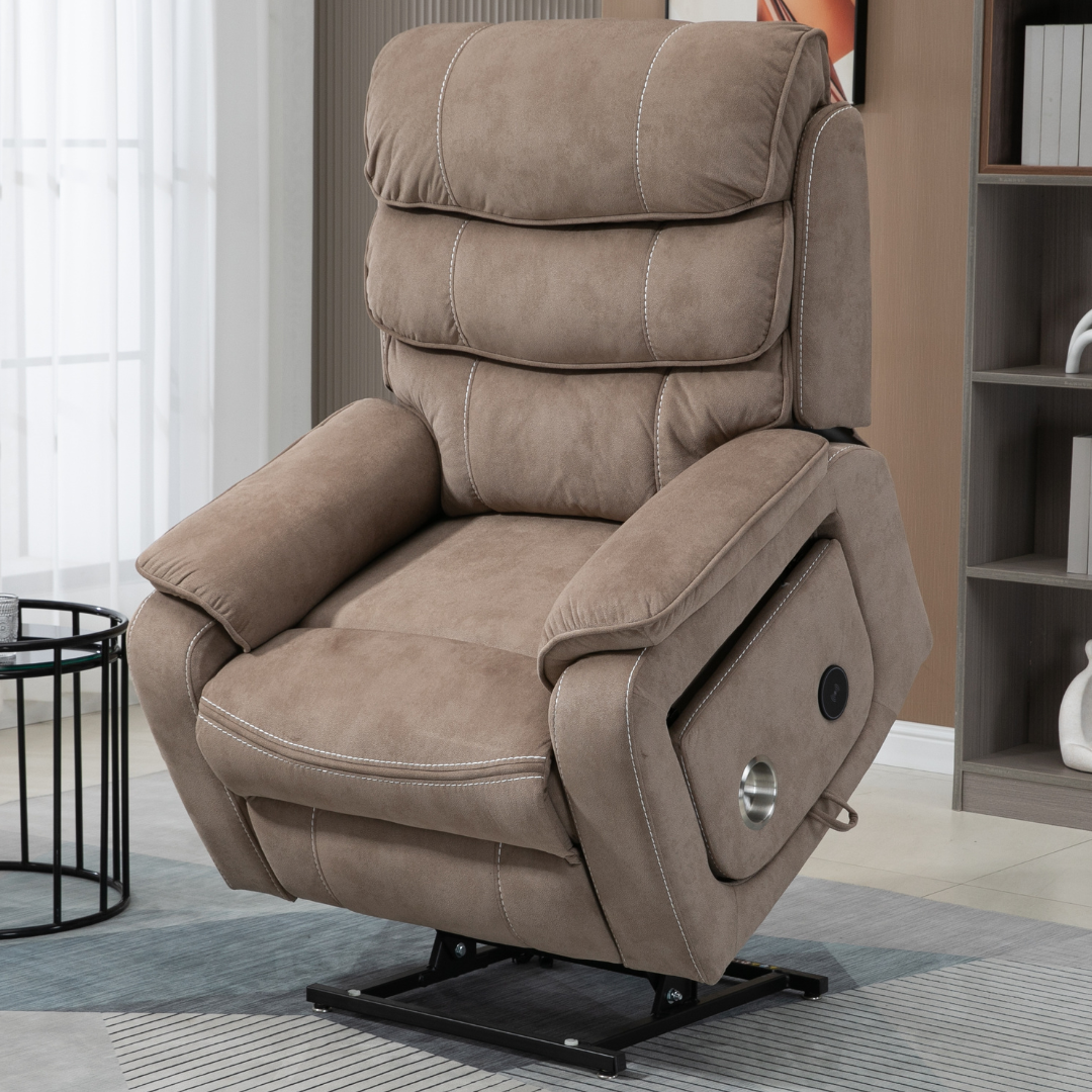 Knight Lay Flat Lift Chair, Extra Wide, Back Up Battery, Wireless Charging Side Table, Beige Brown