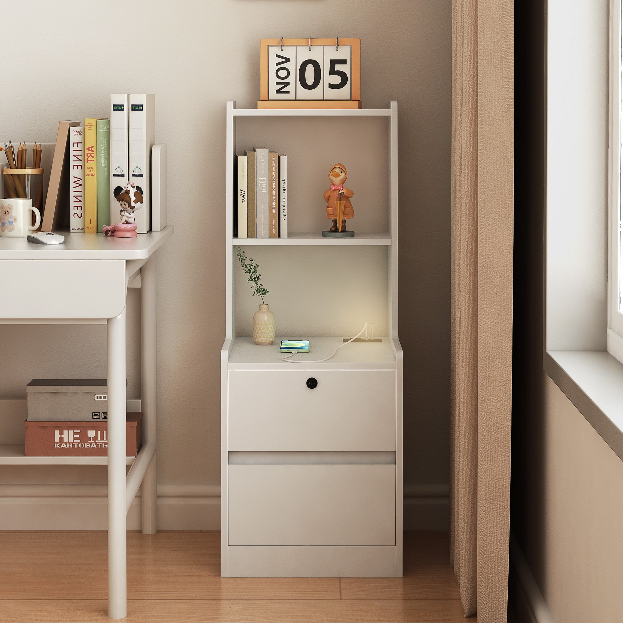 Modern Nightstand with Charging Station, Night Light & Storage Cabinet – White