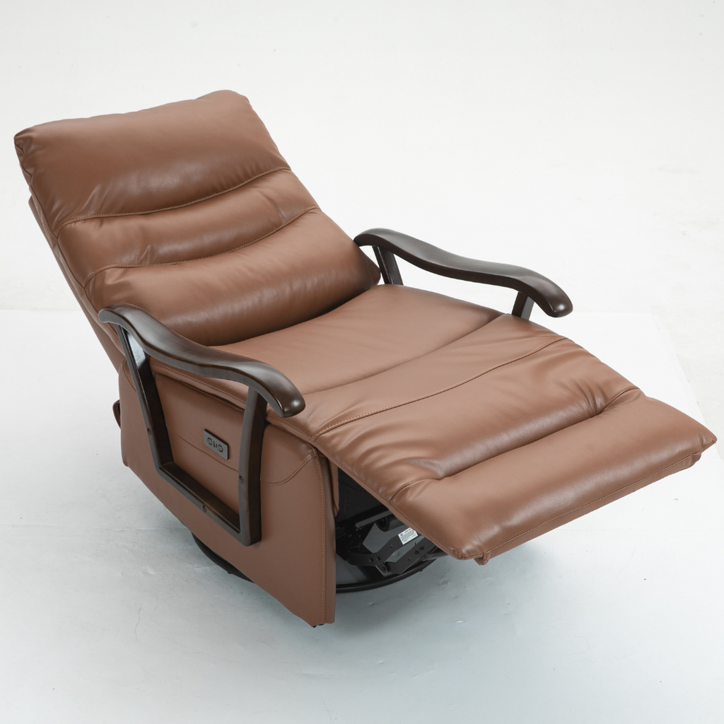 SpinEase Swivel Recliner Chair, 350lbs Capacity, Power Glider Chair with Solid Wood Armrests, Faux Leather- Orange.
