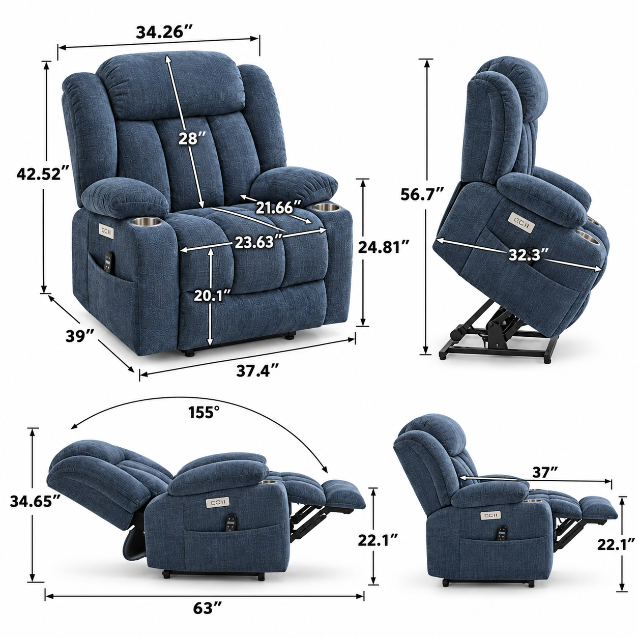 CloudPulse Electric Recliner – Chenille Power Recliner with 8-Point Massage, Lumbar Heat & USB Charging