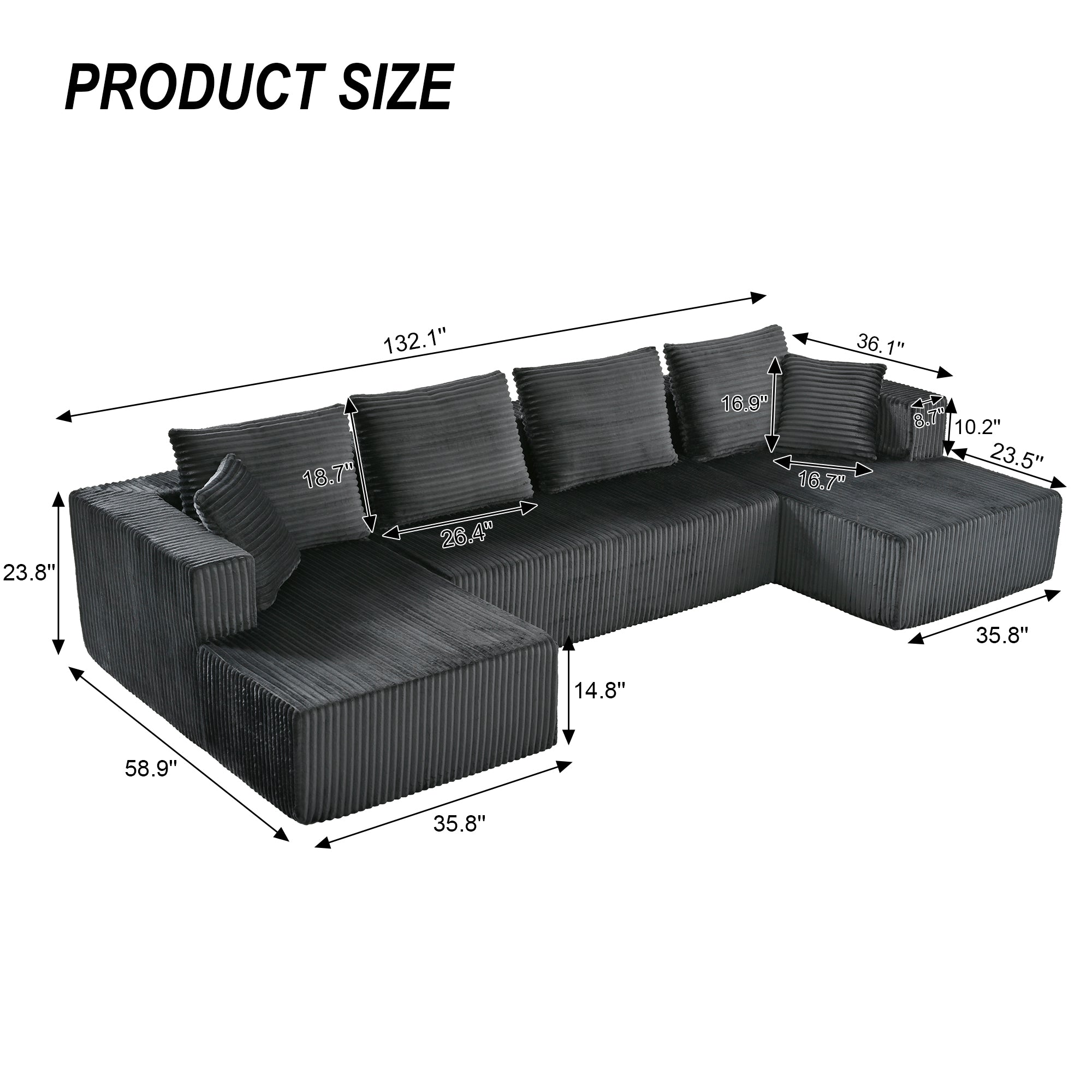 132" U-Shaped Modular Corduroy Sectional Sofa with Double Chaise – Gray.