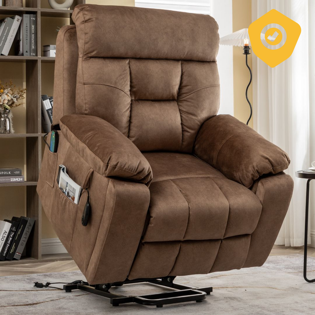 Castle Lift Chair for Big, 26 Inch Wide Seat with Heat and Massage, Hidden Cup Holder, Brown ‪(FREE 2 Years Warranty)