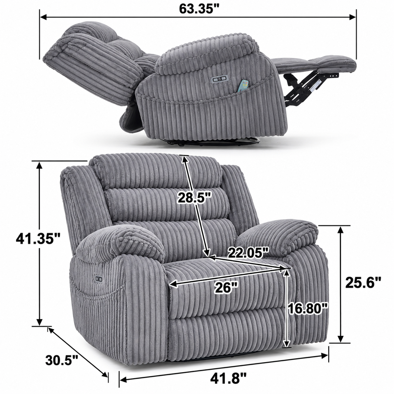 SereneRock Power Swivel Rocker Recliner – Corduroy Massage Chair with Heat, USB & 160° Power Recline -