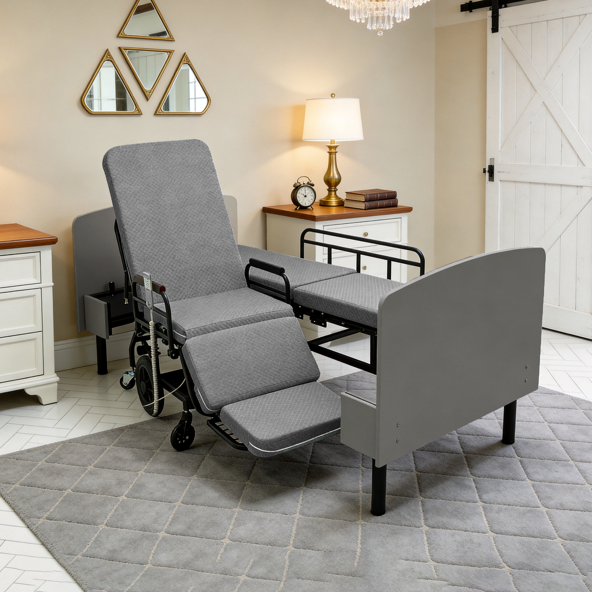 CareEase 3-in-1 Electric Nursing Bed – OKIN Dual Motors, Convertible Wheelchair & Stretcher, 330 lbs Capacity.