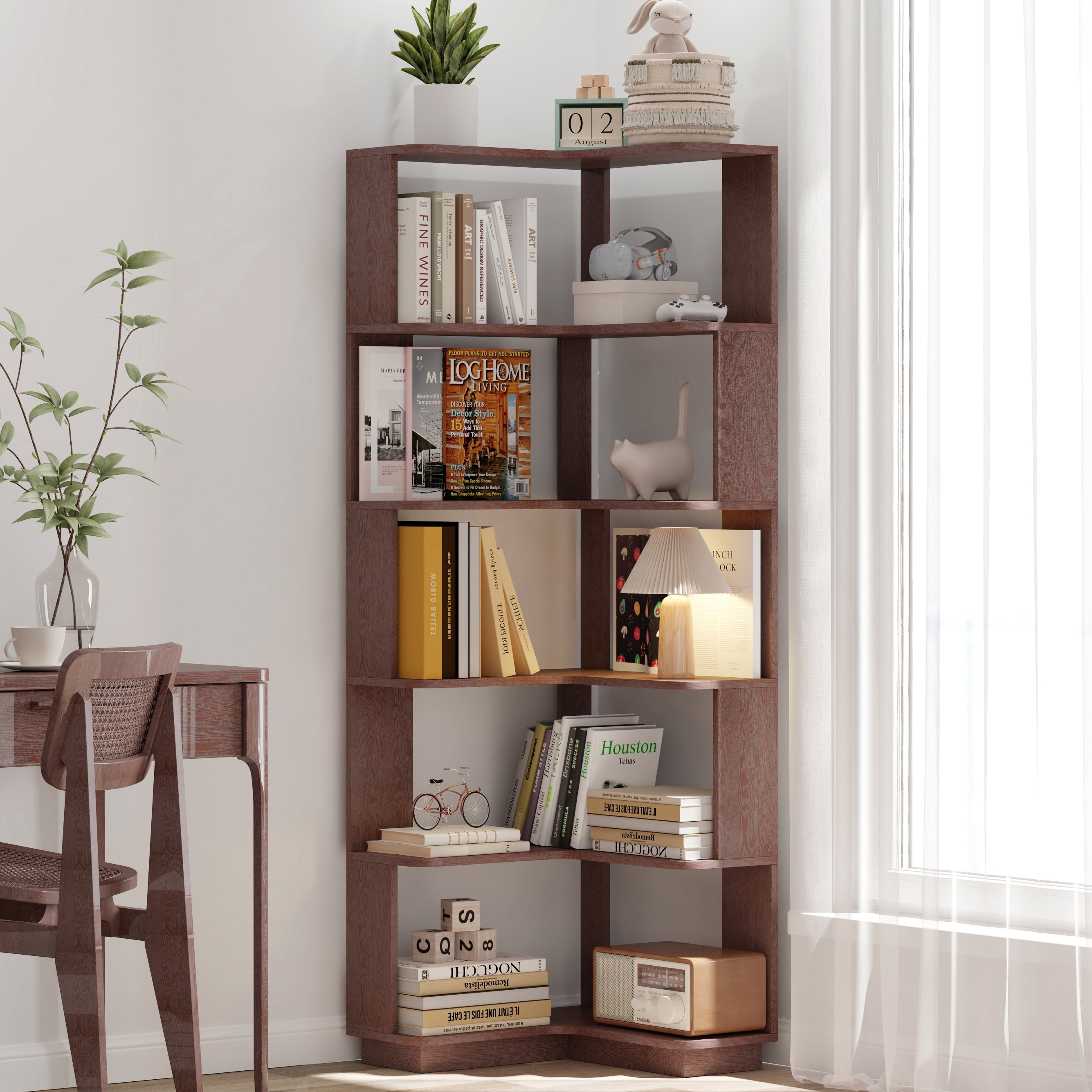 6-Tier L-Shaped Corner Bookshelf with Anti-Tip & Open Storage – Dark Red
