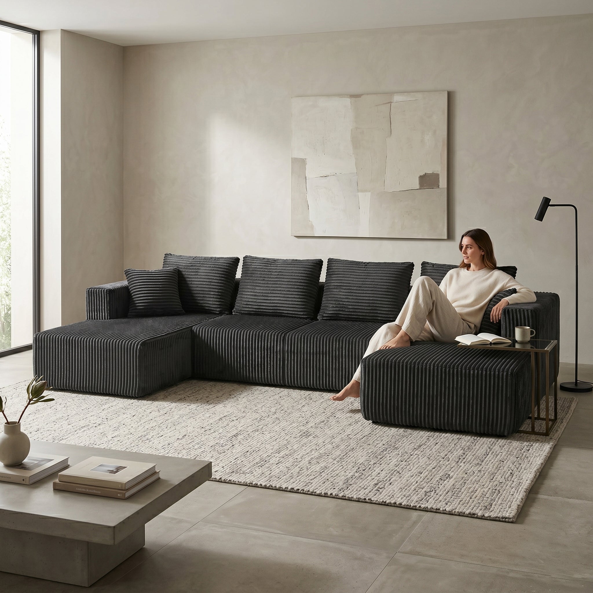 132" U-Shaped Modular Corduroy Sectional Sofa with Double Chaise – Gray.