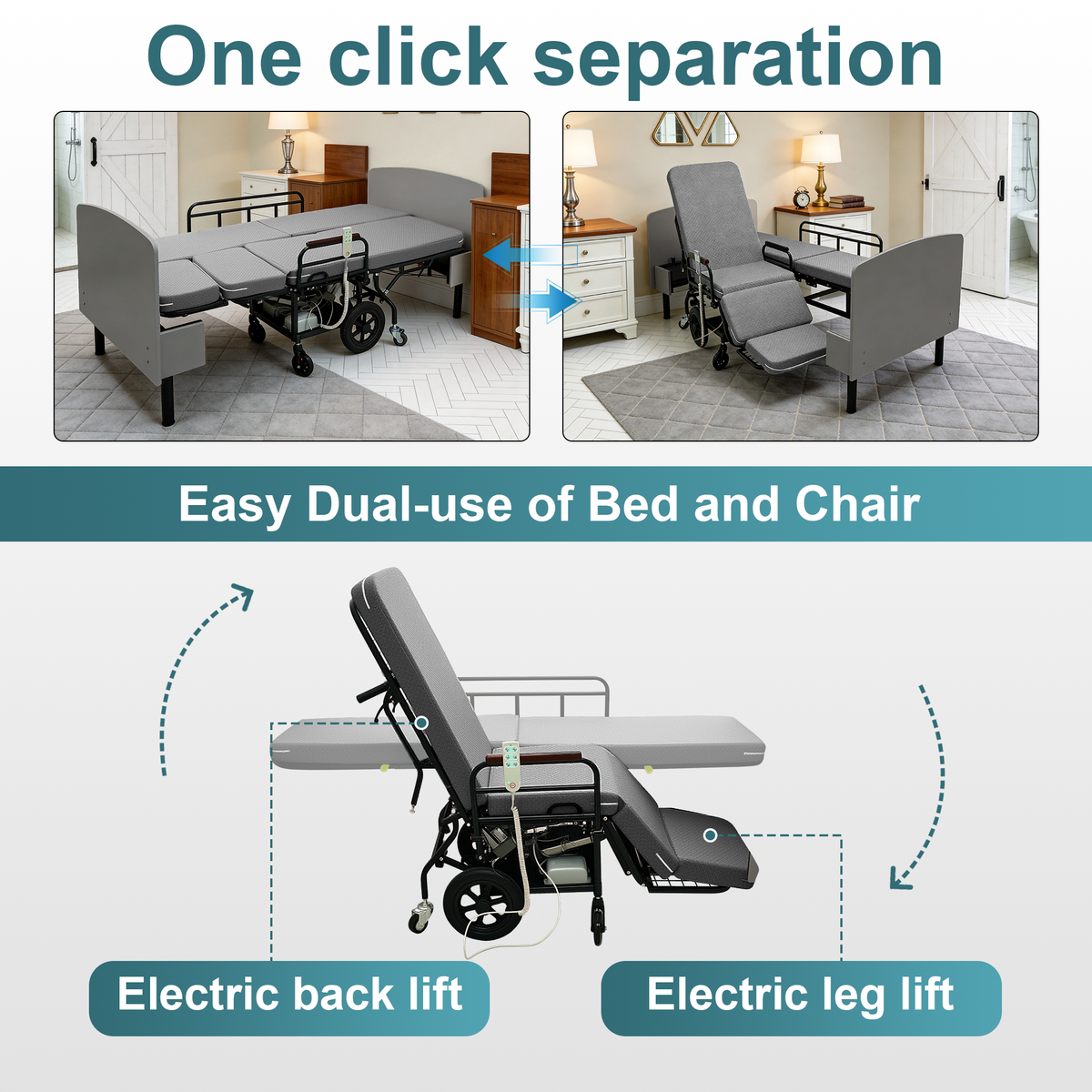 CareEase 3-in-1 Electric Nursing Bed – OKIN Dual Motors, Convertible Wheelchair & Stretcher, 330 lbs Capacity.