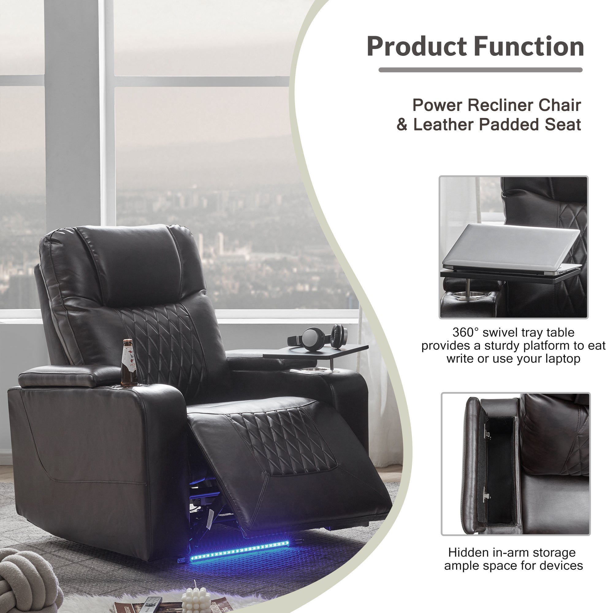 Power Motion Recliner with USB Charging Port and Hidden Arm Storage