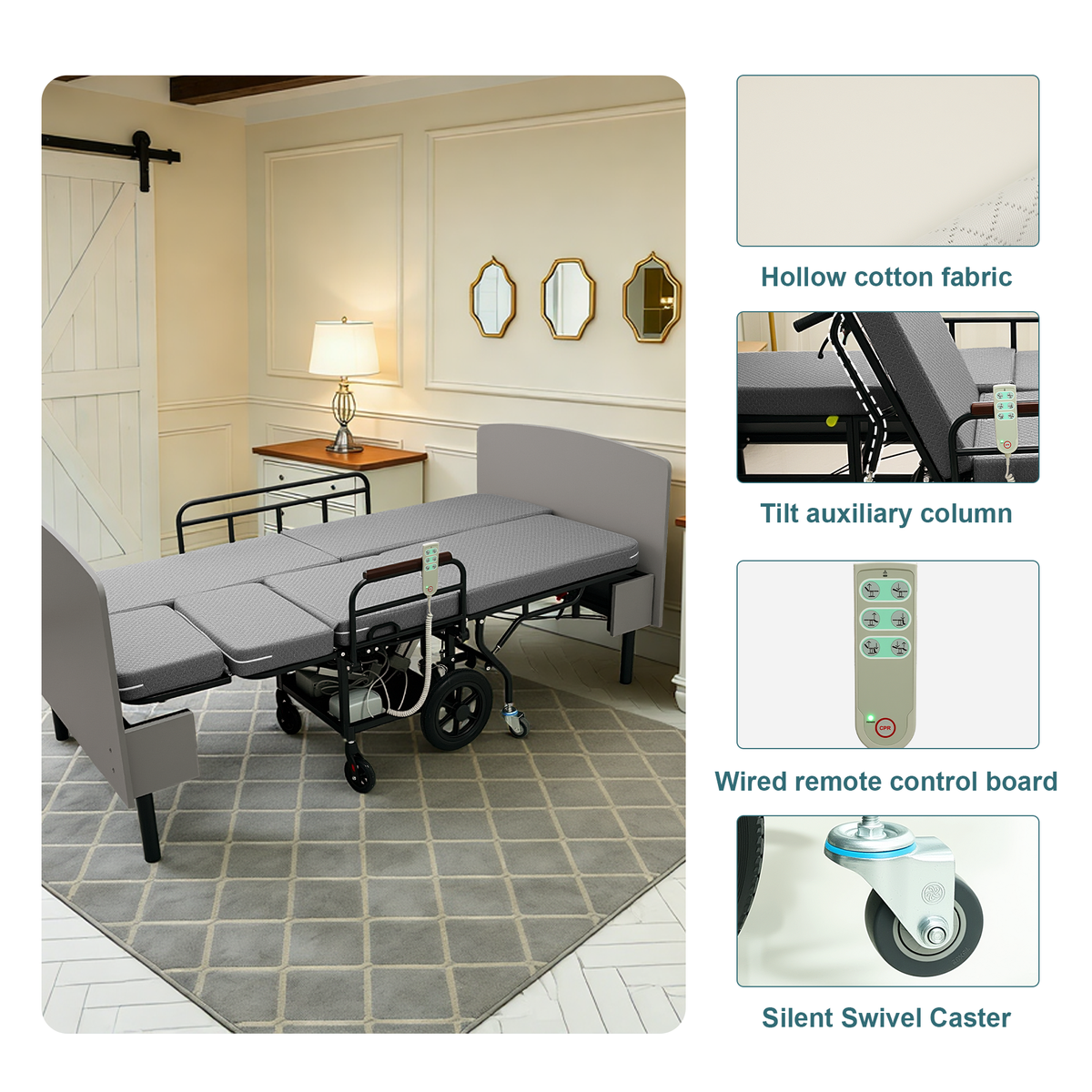 CareEase 3-in-1 Electric Nursing Bed – OKIN Dual Motors, Convertible Wheelchair & Stretcher, 330 lbs Capacity.