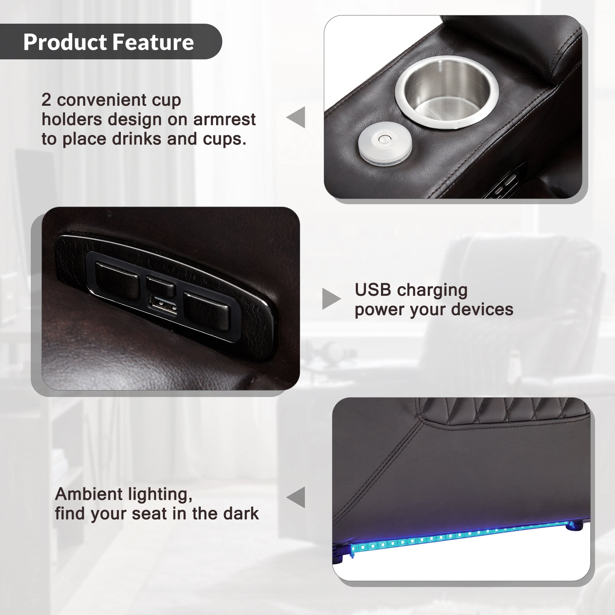Power Motion Recliner with USB Charging Port and Hidden Arm Storage