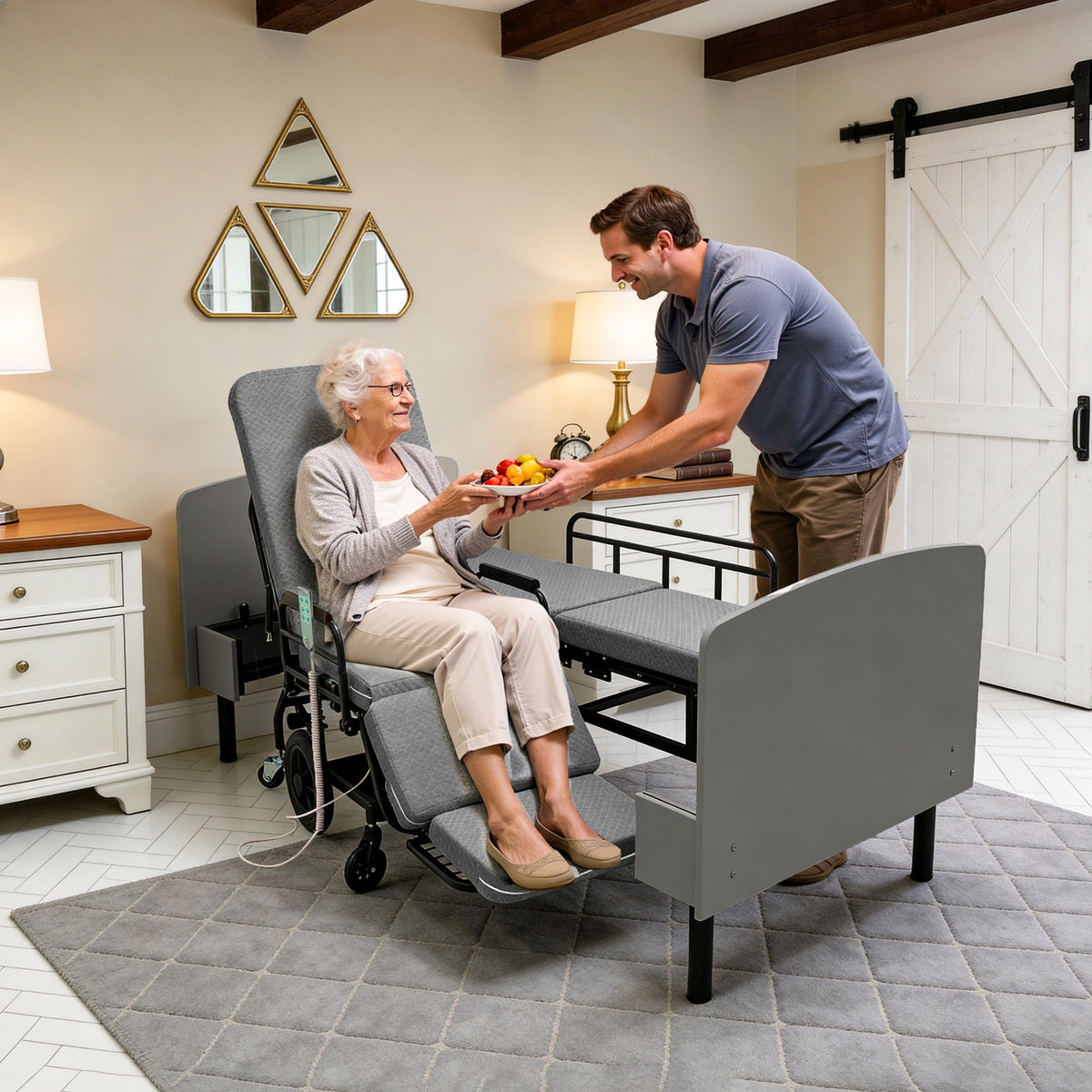 CareEase 3-in-1 Electric Nursing Bed – OKIN Dual Motors, Convertible Wheelchair & Stretcher, 330 lbs Capacity.