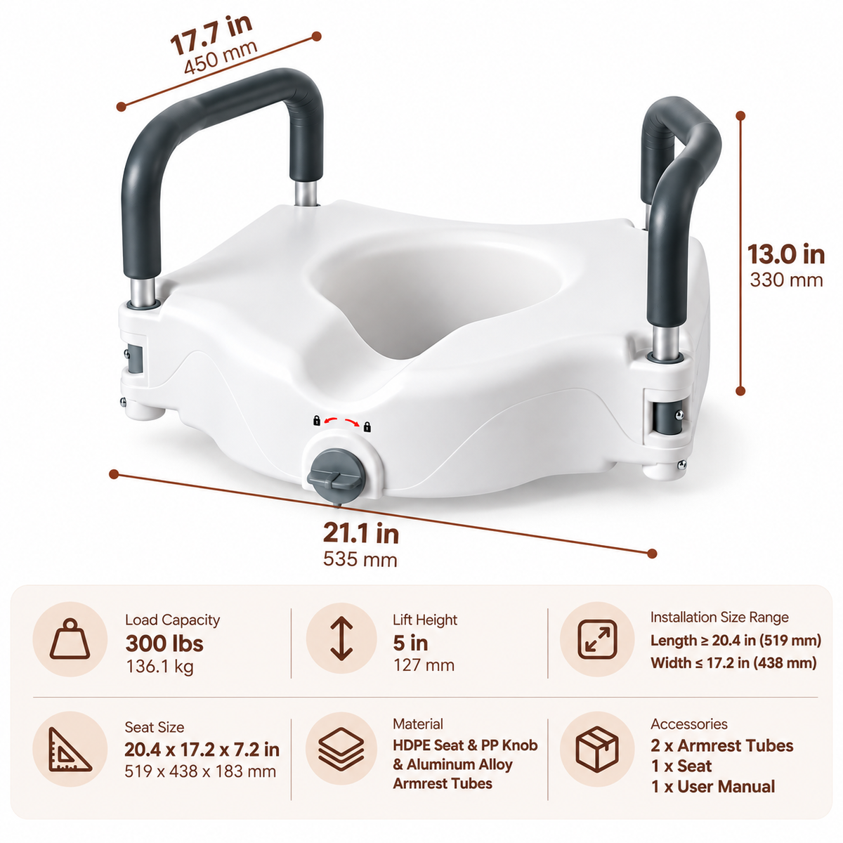 EasyRise 5-Inch Elevated Toilet Seat Riser with Padded Armrests and Quick-Lock Installation