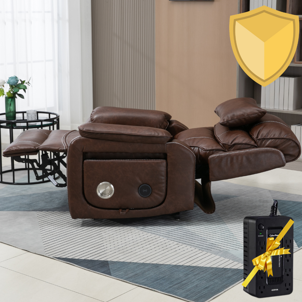 Knight Lay Flat Lift Chair, 24.8 Inch Wide Seat 74.8 Inch Length, With Back Up Battery, Wireless Charging Side Table, Faux Leather Brown ‪‪(FREE 2 Years Warranty)