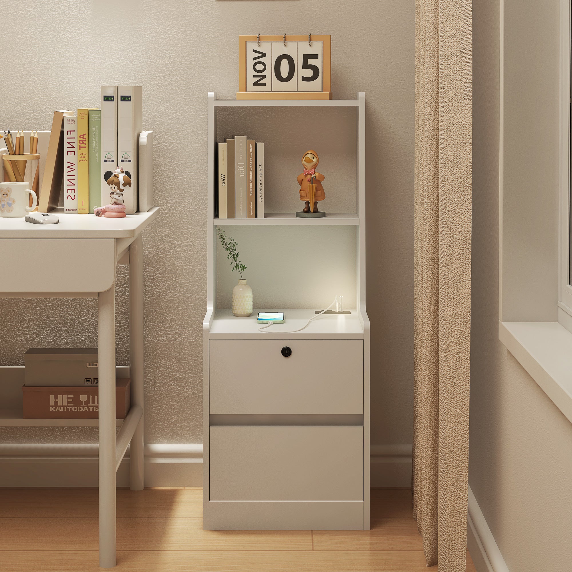 Modern Nightstand with Charging Station, Night Light & Storage Cabinet – White