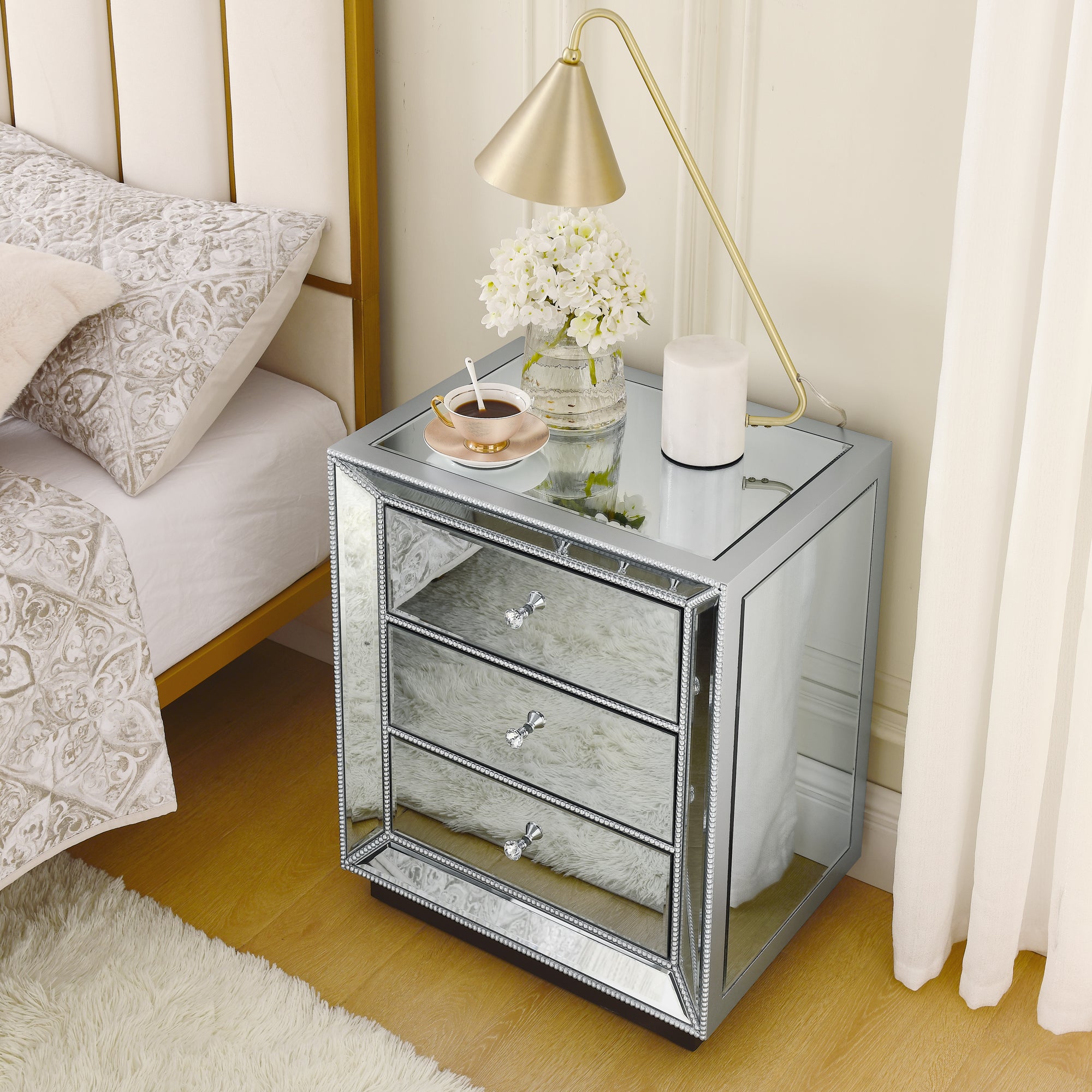 3-Drawer Cabinet with Beaded Mirror Finish.