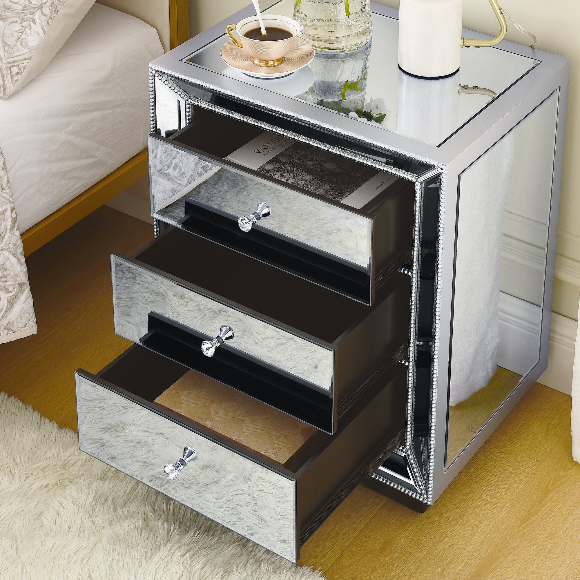 3-Drawer Cabinet with Beaded Mirror Finish.