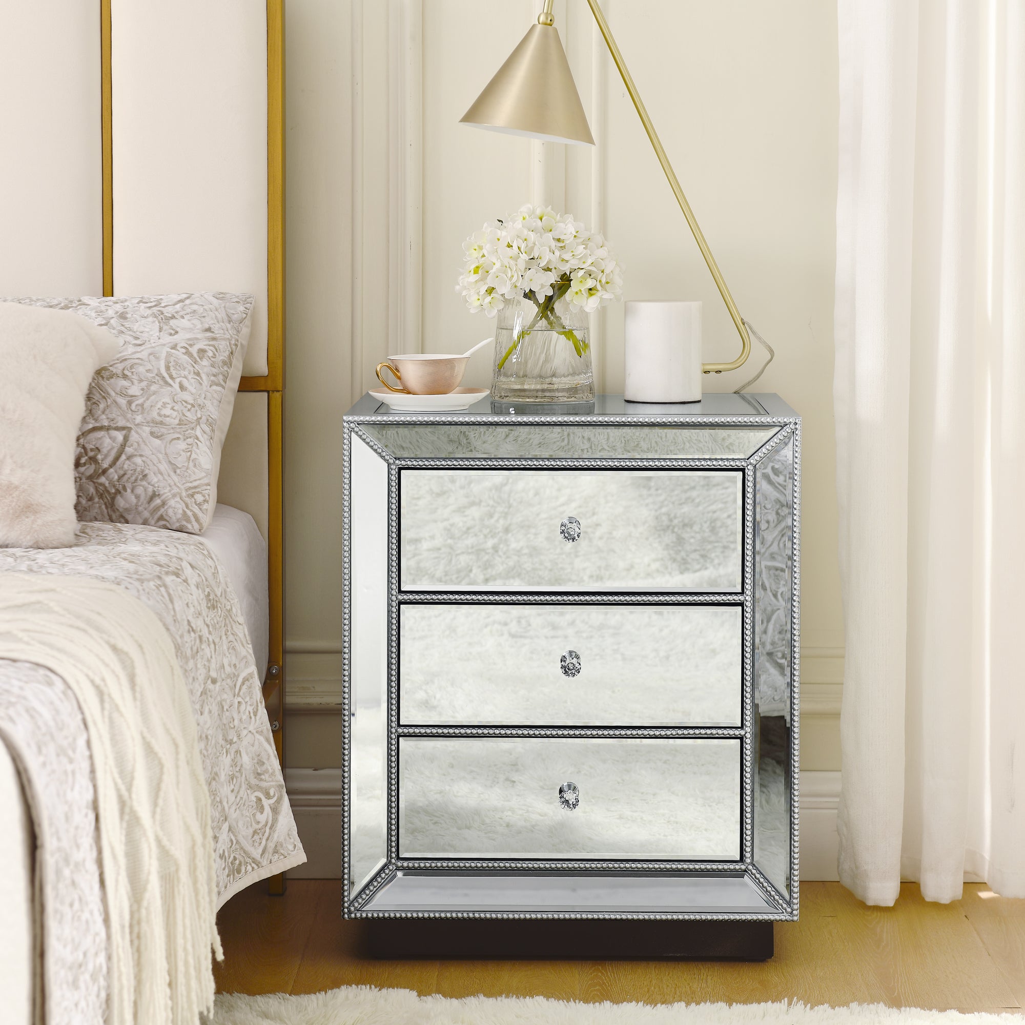 3-Drawer Cabinet with Beaded Mirror Finish.