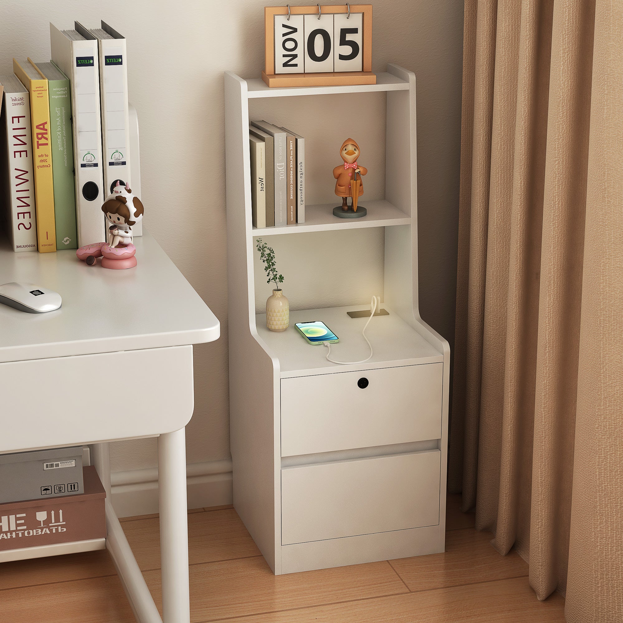 Modern Nightstand with Charging Station, Night Light & Storage Cabinet – White
