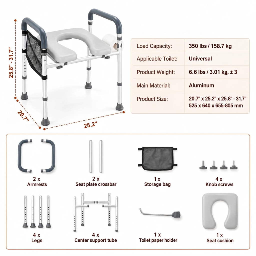 FlexiHeight 7-Position Adjustable Raised Toilet Seat with Padded Cushion & Storage.